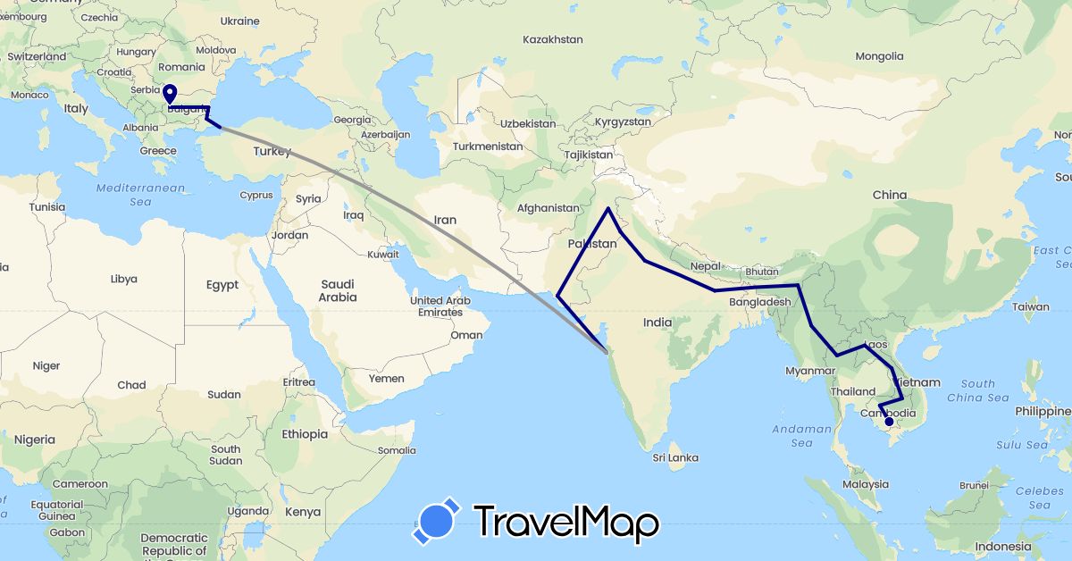 TravelMap itinerary: driving, plane in Bulgaria, India, Cambodia, Laos, Myanmar (Burma), Pakistan, Thailand, Turkey (Asia, Europe)